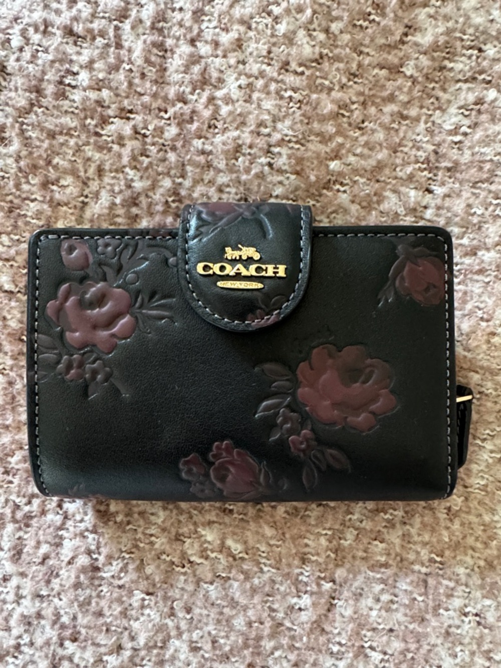 Coach Black Wallet with Mauve Floral Embossing